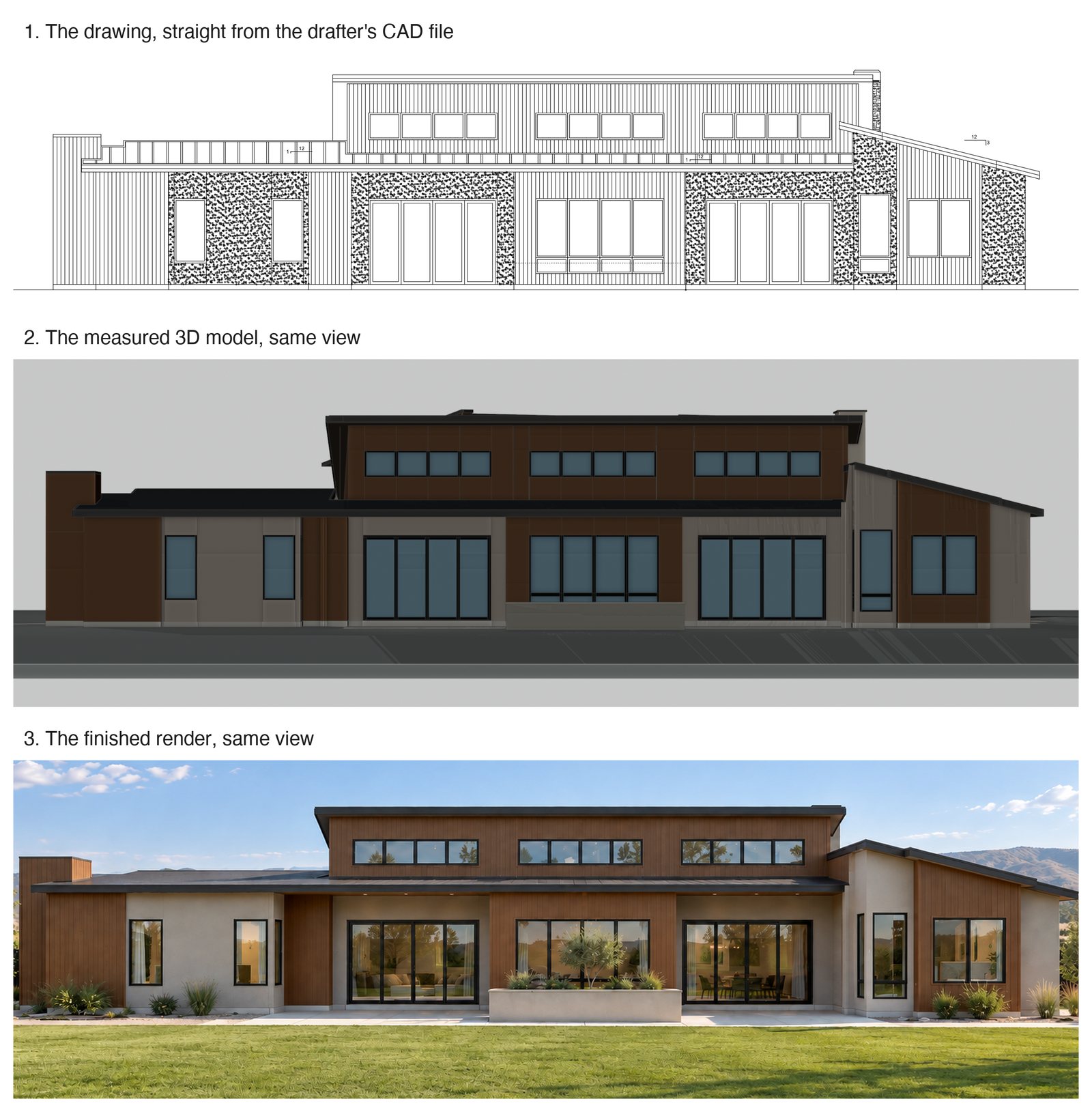 The rear of one home from the same viewpoint, three times: the drafter's elevation drawing, the measured 3D model, and the finished render